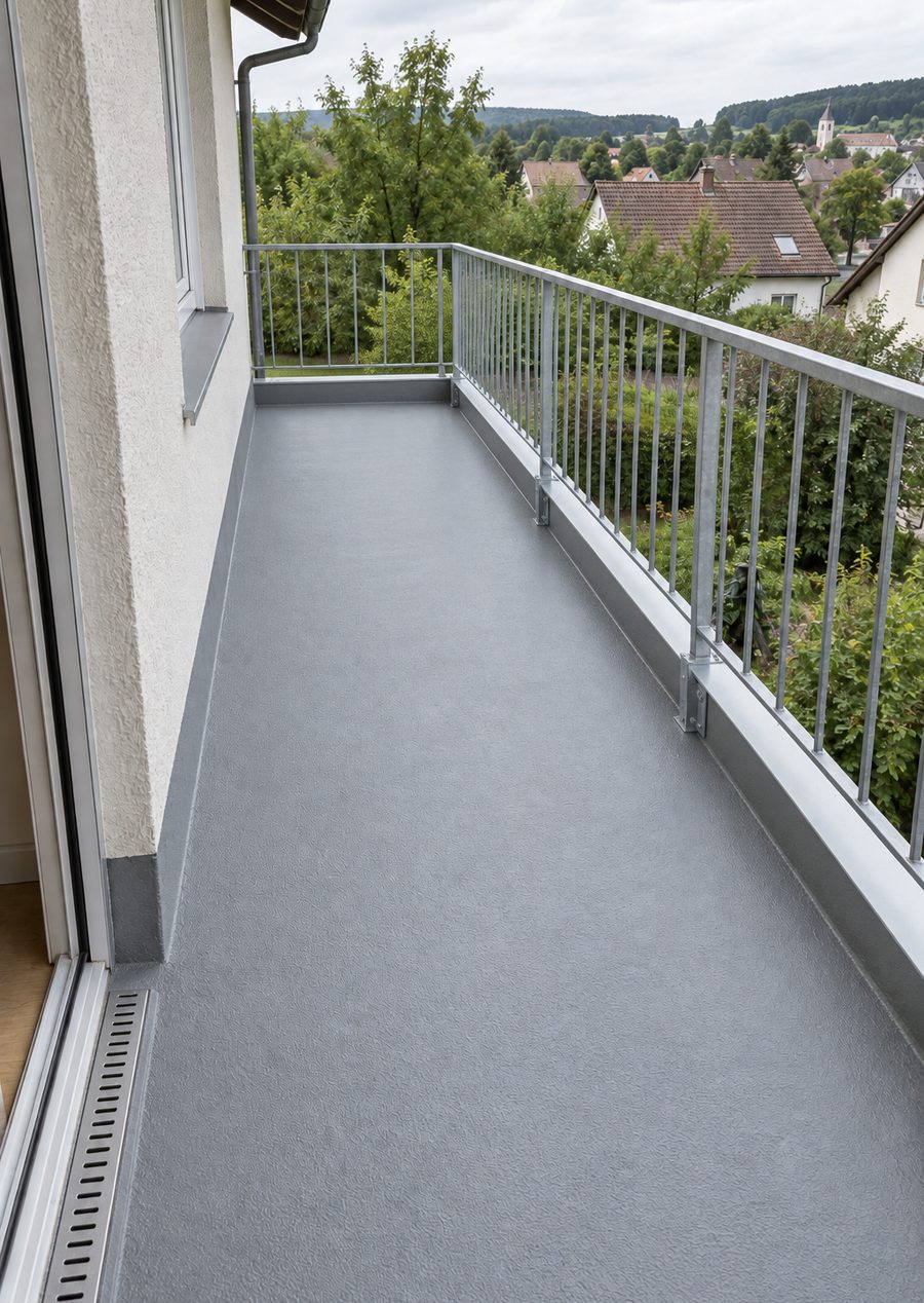 KI-generiertes Symbolbild: frisch abgedichteter Balkon mit Randblech und Entwässerungsrinne vor der Tür